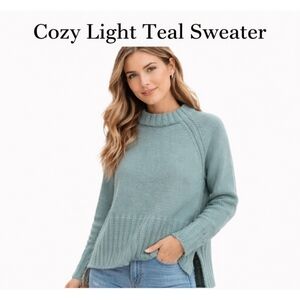Handmade Teal Knit Chunky Sweater Side Slit Cozy Soft Pullover Size L